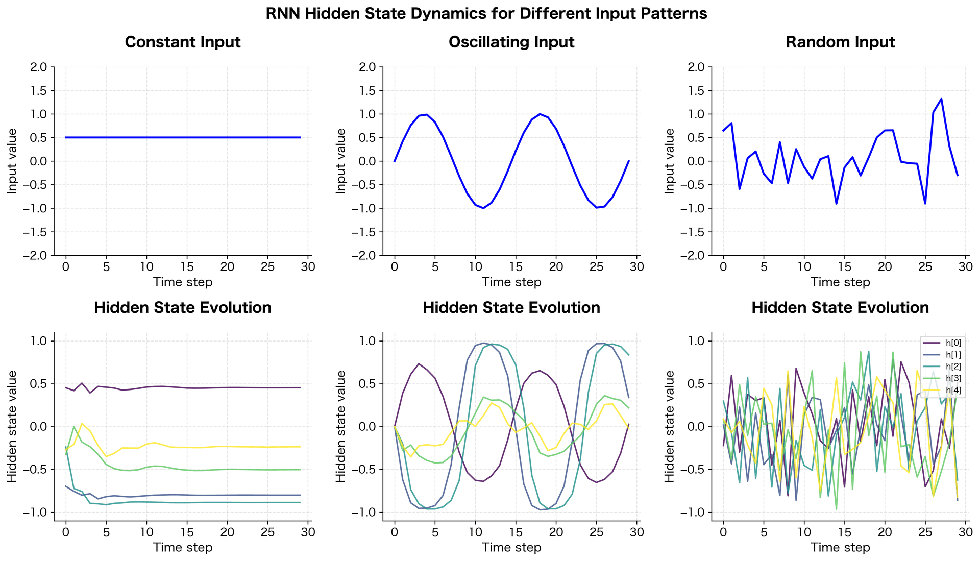 Six-panel figure showing input patterns and corresponding hidden state evolution for constant, oscillating, and random inputs.