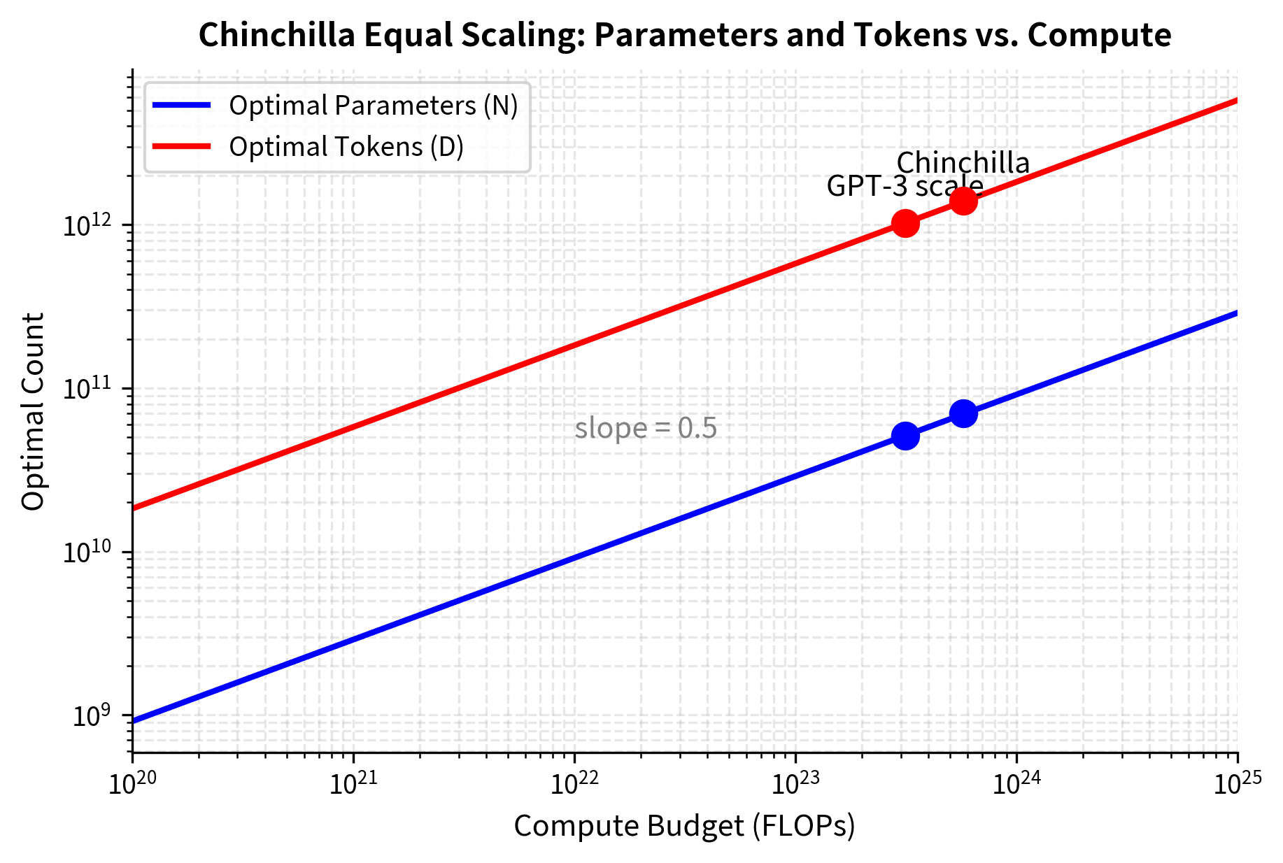 Log-log plot showing optimal parameters and tokens both scaling with compute to the 0.5 power.