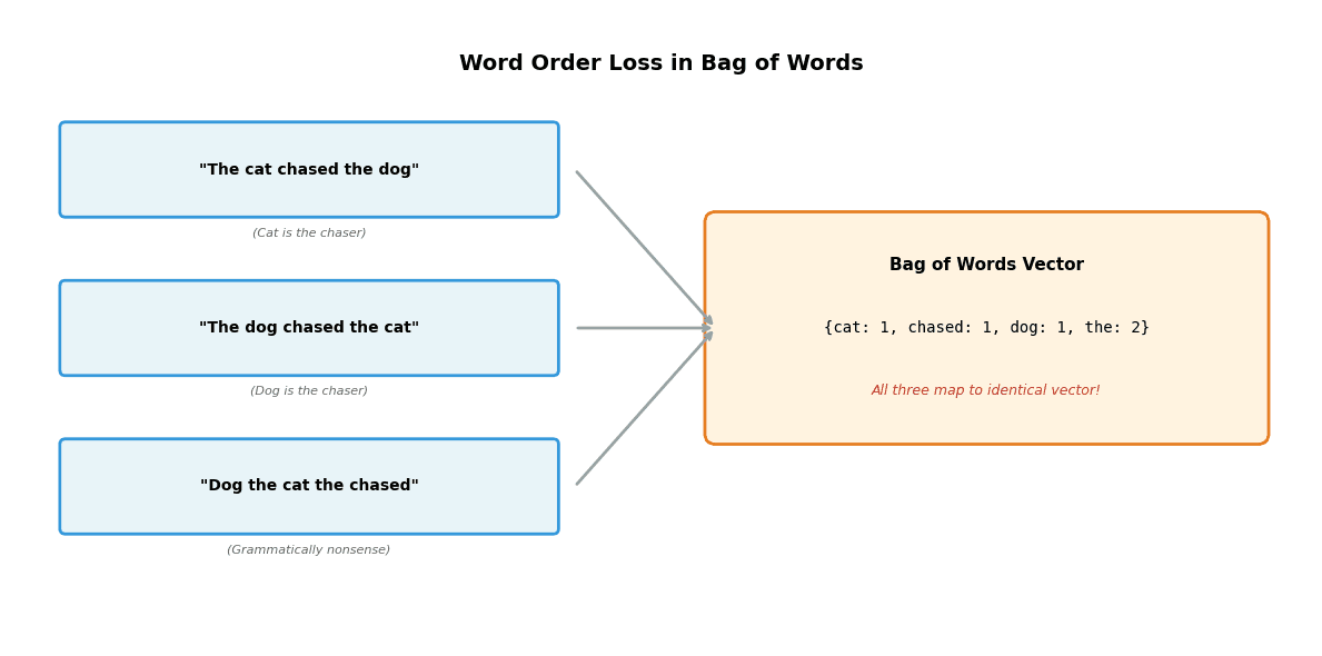 Diagram showing three different sentences mapping to the same bag of words vector representation.