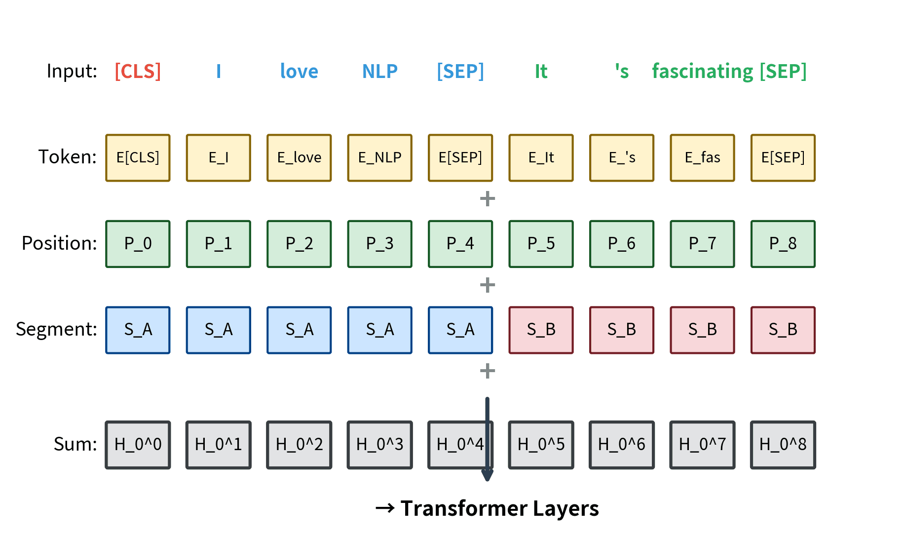 Diagram showing three stacked embedding matrices being summed to produce the final input representation.