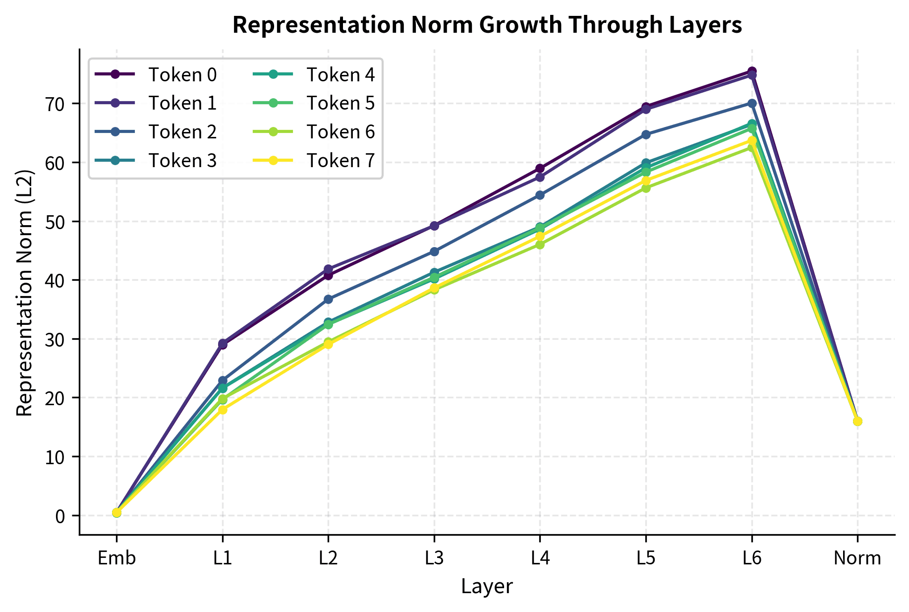 Line plot showing L2 norm of representations for 8 tokens across embedding layer, 6 decoder blocks, and final normalization.