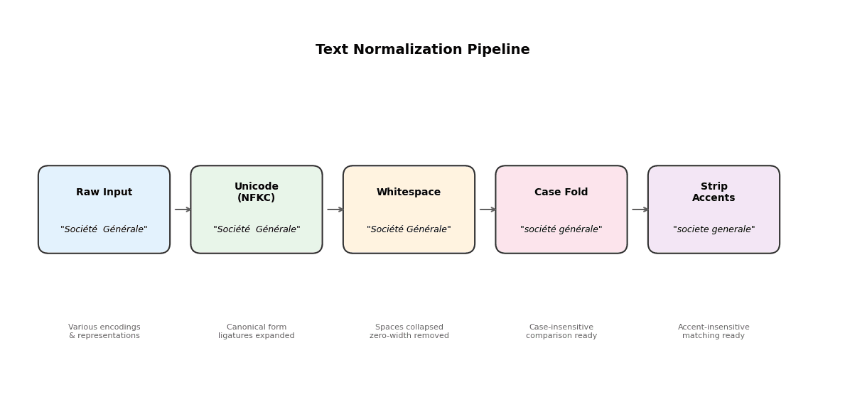 Flowchart showing text normalization stages from raw input to canonical output.