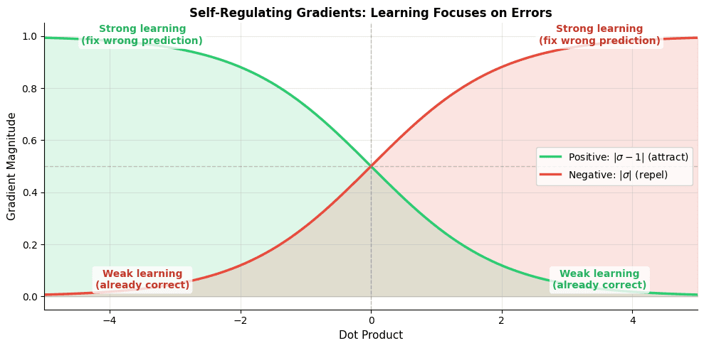 Line plot showing gradient magnitudes for positive and negative terms across dot product values.