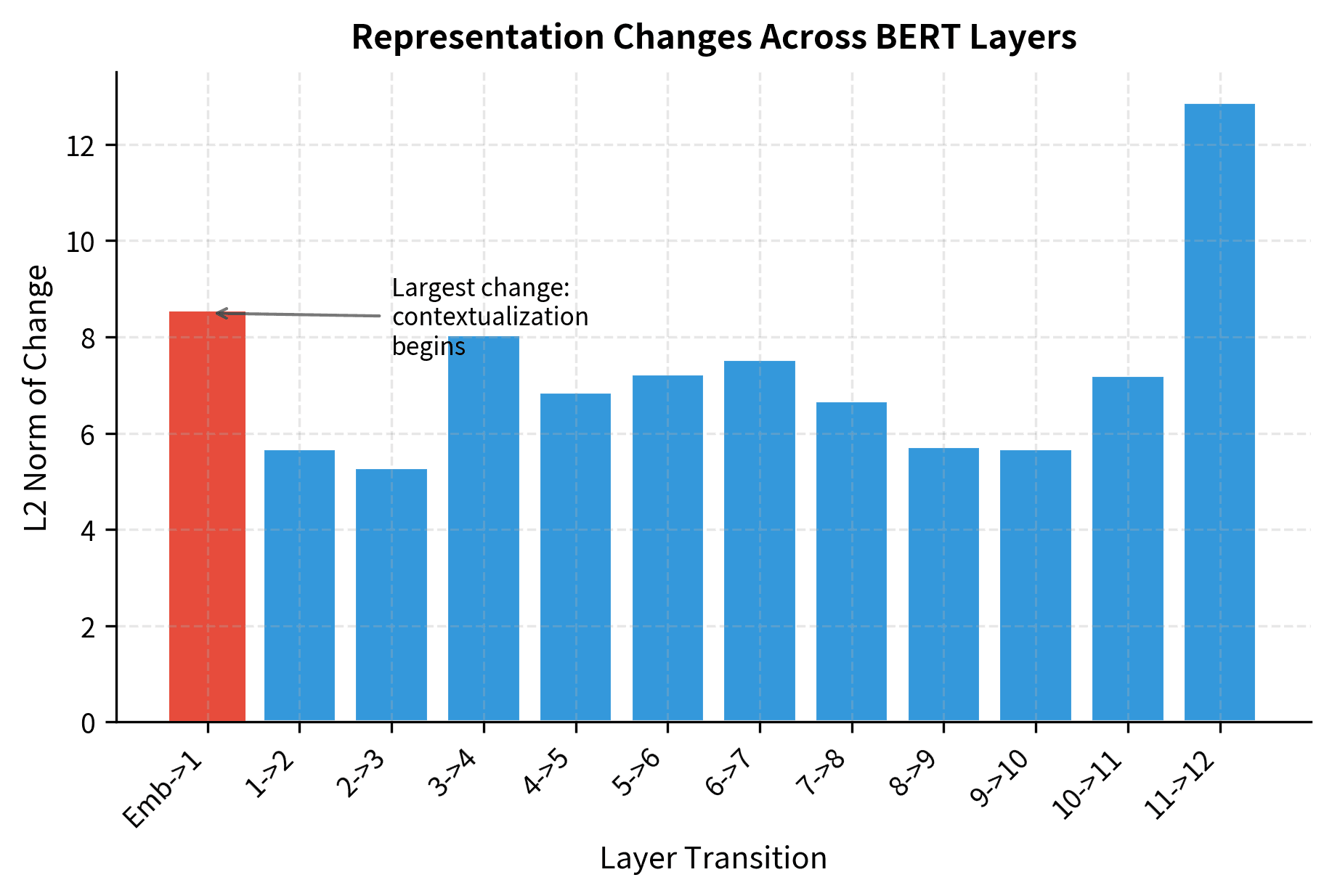 Bar chart showing L2 norm changes between adjacent BERT layers, with the first transition having the largest change.