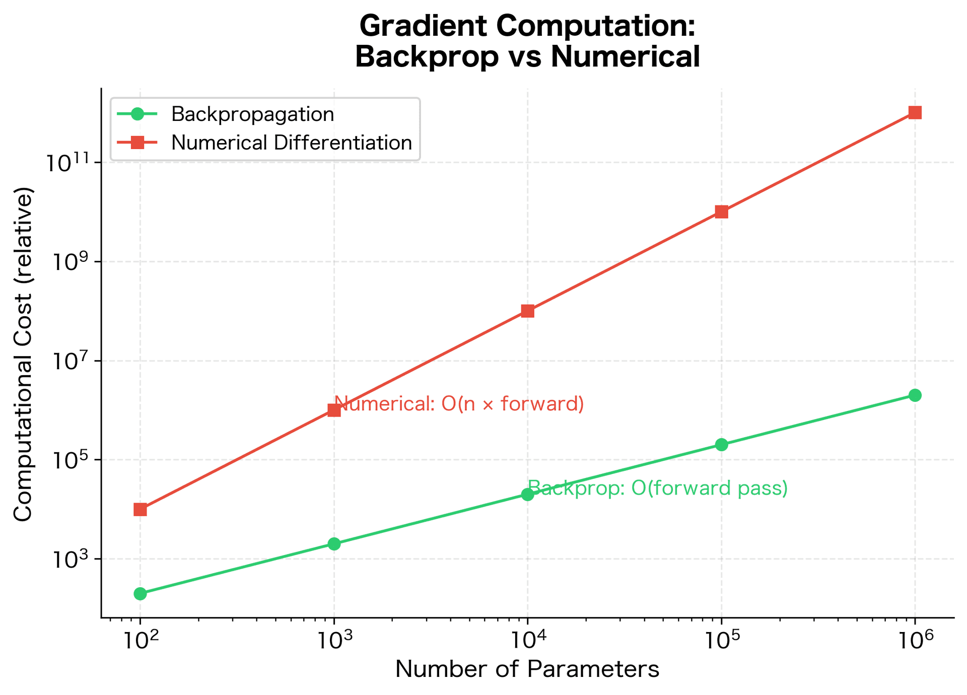 Log-scale line plot comparing computational cost of backpropagation versus numerical differentiation as network size increases.