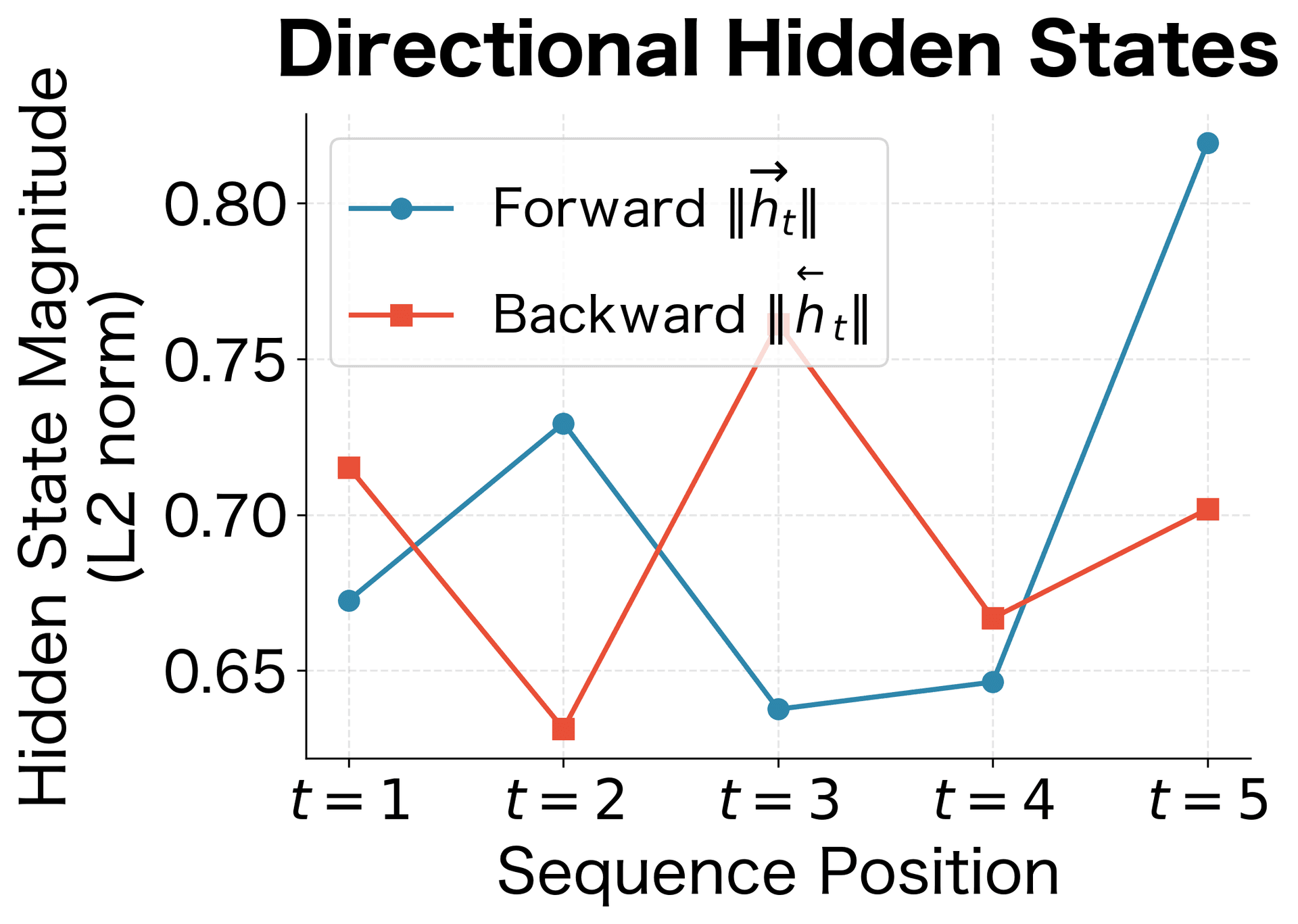 Line plot showing forward and backward hidden state magnitudes across sequence positions.