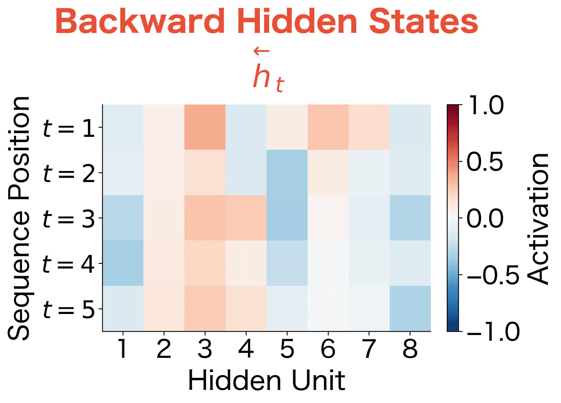 Backward hidden state activations. The backward pass develops different patterns, capturing complementary right-to-left context information.