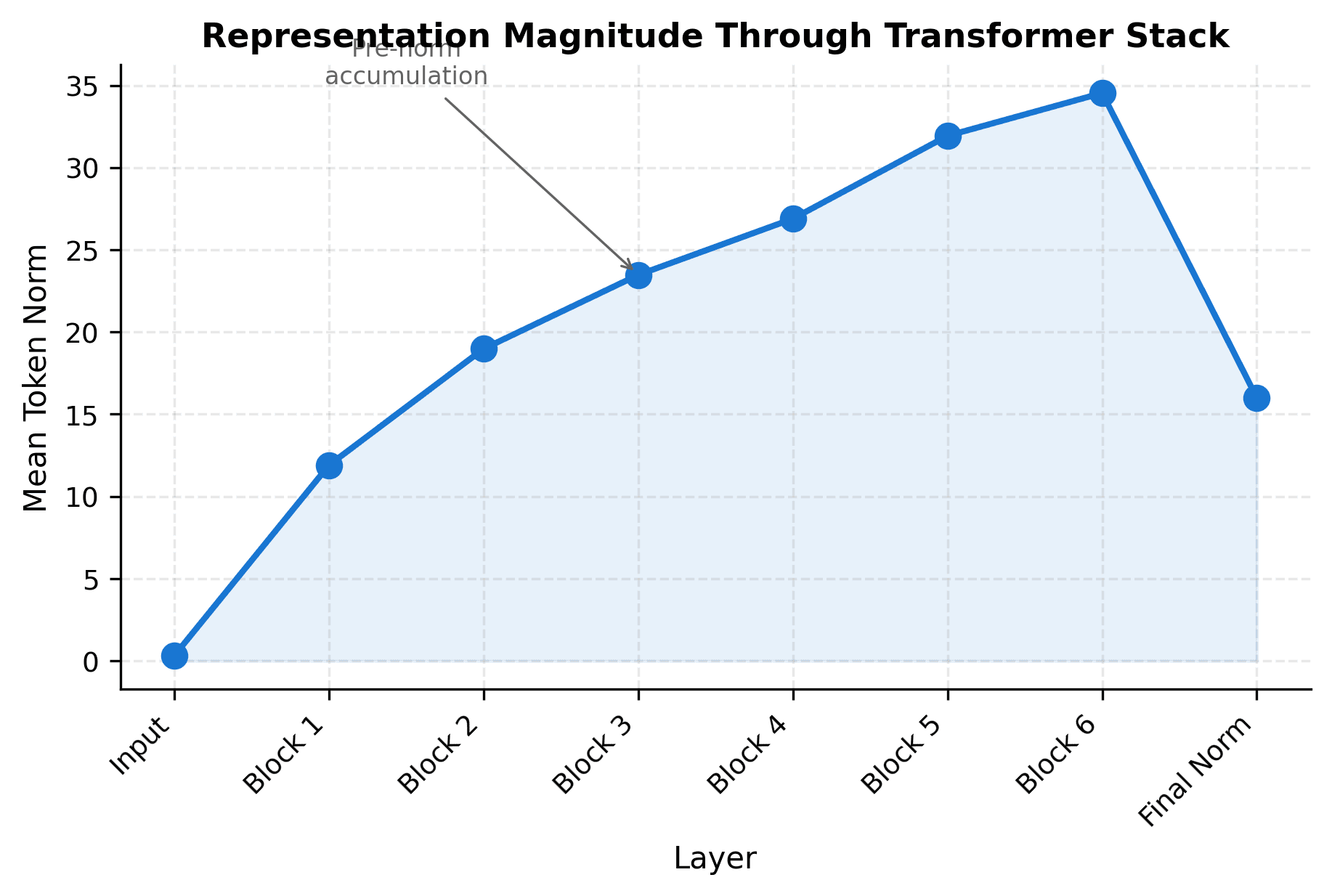 Line plot showing representation magnitude increasing slightly through 6 transformer layers plus final norm.