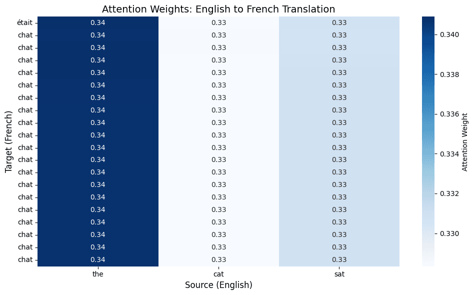 Heatmap visualization of attention weights with source words on x-axis and target words on y-axis, showing darker blue cells where the model focuses most when generating each French word from English input.