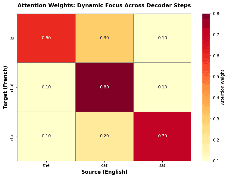 Heatmap showing attention weights for English-to-French translation with source words on x-axis and target words on y-axis, demonstrating dynamic attention patterns across decoding steps.