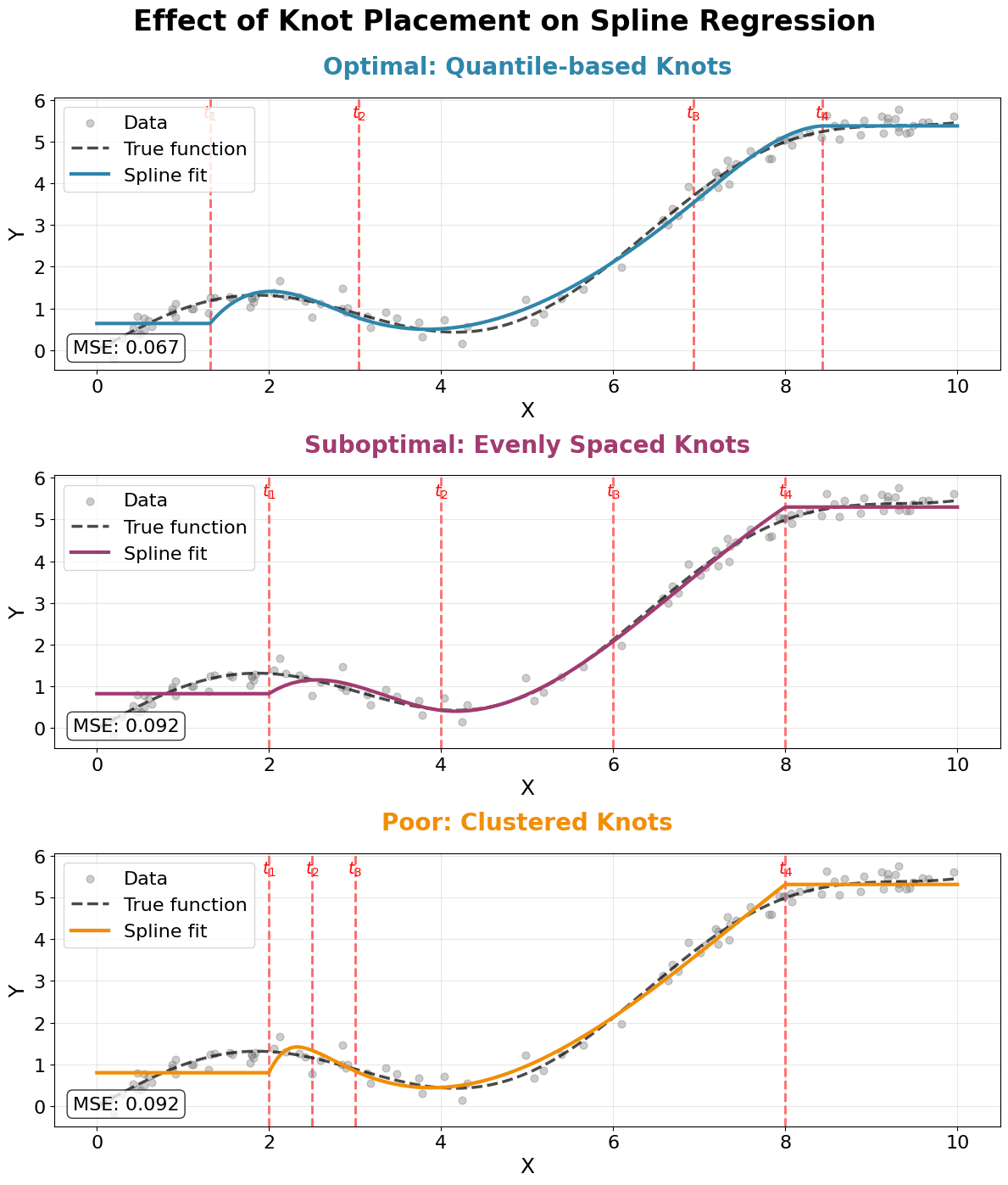 Three-panel comparison showing optimal knot placement at quantiles (top), evenly spaced knots (middle), and poor clustered knot placement (bottom).